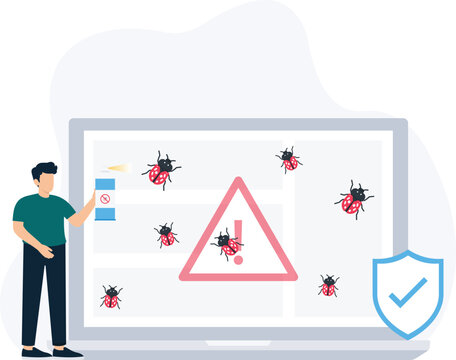 Cybersecurity concept man fixing computer bug with antivirus spray. IT support debugging system error malware removal data security network protection virus protection software developer. - Powered by Adobe
