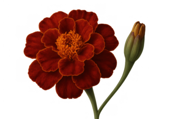 Marigold flower and bud with red orange petals, botanical plant blooming on transparent background
