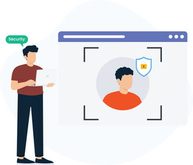 Facial recognition identity verification using biometric authentication. A cybersecurity system for data protection, secure login, user access, access control, digital identity, and personal data.