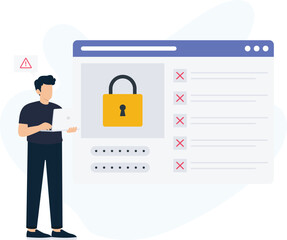 Man with laptop facing login failure and password error with security alert. Cybersecurity concept showing data protection, failed authentication, unauthorized access, and system breach.