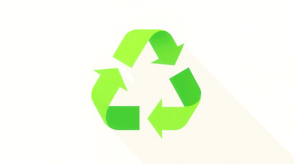 Obraz premium A bright green recycling symbol casts a long shadow on a plain, off-white background. Minimalist and clean design, symbolizing environmental awareness and sustainability.