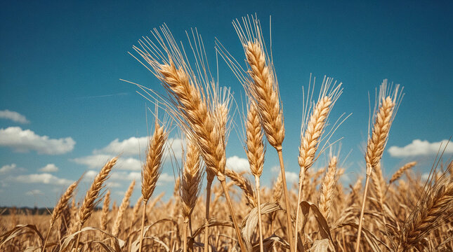 Golden wheat stalks sway gently under a clear blue sky dotted with fluffy white clouds, symbolizing abundance and the beauty of a ripe harvest.