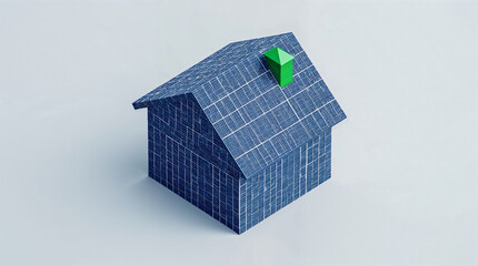 A stylized house model covered in solar panels, with a green upward arrow on the roof, symbolizing growth and renewable energy for homes.
