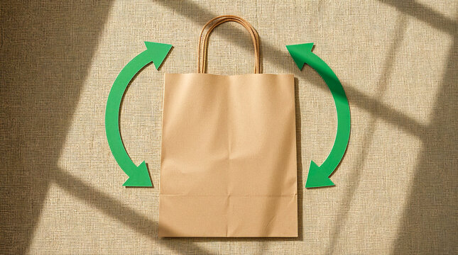 A plain brown paper shopping bag with green recycling arrows on a textured surface, symbolizing sustainability and eco-friendly choices. - Powered by Adobe