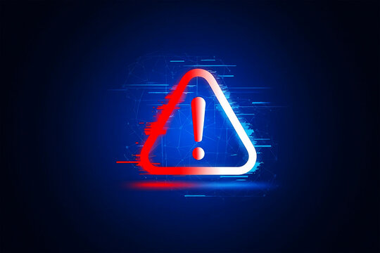 Red and white glowing exclamation mark in a triangle warning symbol with digital glitch effect on dark blue background