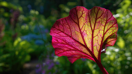 Striking red leaf with yellow veins, beautifully backlit, revealing its intricate structure in a soft focus garden.
