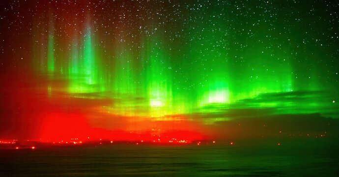 Vibrant aurora borealis displays green, red hues over dark landscape. Stars visible above glowing horizon. Beautiful natural phenomenon.