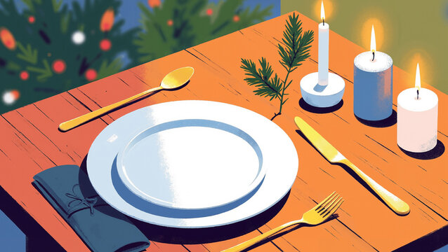 Elegant holiday table setting with candles and decorative foliage