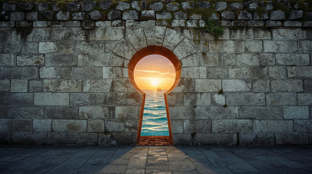 A keyhole-shaped opening in a stone wall reveals a breathtaking ocean sunset with sailboats, symbolizing hope, discovery, and a promising future.