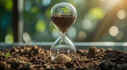 A young plant sprouts from soil within an hourglass, symbolizing growth, time, and nature's delicate balance.