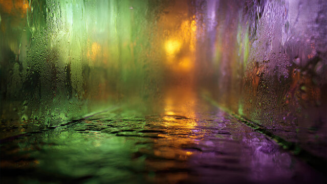 Rain-streaked window blurs vibrant green, orange, and purple city lights, creating abstract reflections on a wet, textured surface, an atmospheric night scene.