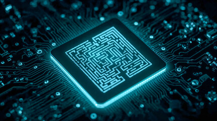 A glowing blue circuit board with a prominent central processor chip displaying a maze-like QR code, symbolizing technology, data, and complex systems.