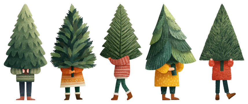 PNG Whimsical trees with hidden figures, element set on transparent background