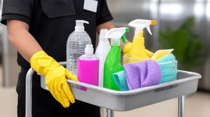 Cleaning professional wearing yellow gloves is pushing a cart filled with colorful cleaning supplies, showcasing a variety of bottles and tools for effective sanitation and maintenance tasks