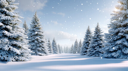 Fototapeta premium Snow-covered landscape with evergreen trees under a clear blue sky, showcasing a serene winter scene with gentle snowfall and soft sunlight illuminating the tranquil environment