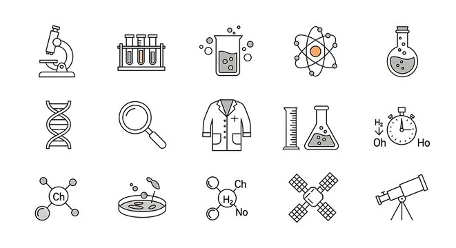 Line art science and laboratory icons collection illustrating core research concepts and essential equipment for education and discovery