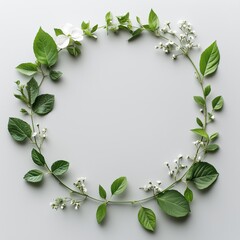 Fototapeta premium Fresh Green Leaves and White Flowers Create a Beautiful Circular Arrangement on a Light Background