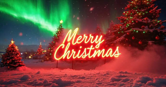Winter landscape features illuminated Merry Christmas sign. Snow covers ground, trees sparkle under aurora borealis. Festive, bright scene.