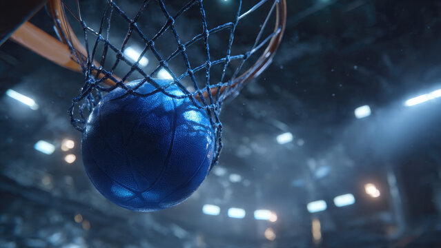 A vibrant blue basketball swishes through the net in a dimly lit arena, celebrating a perfect shot under dramatic lights.