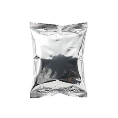 Silver Foil Packaging Pouch with Sealed Edges on a White Background metallic