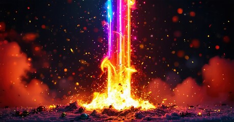 Bright fireworks explosion. Colorful light beams rise from fiery base amid dark background, speckled with sparks. Festive, vibrant scene.