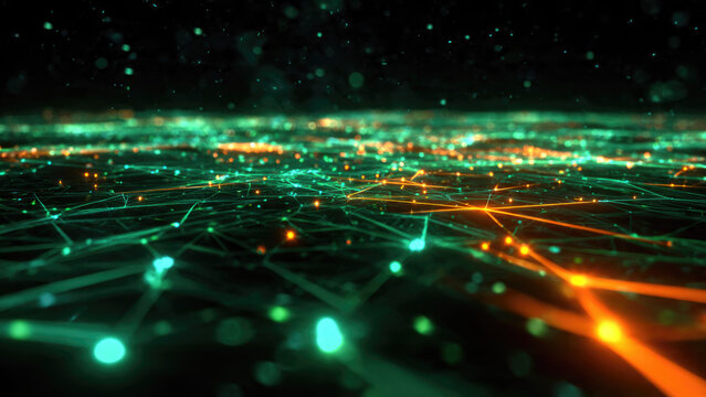 Abstract digital network illustration with glowing green and orange connections, representing data flow, technology, and interconnected systems across a dark landscape.