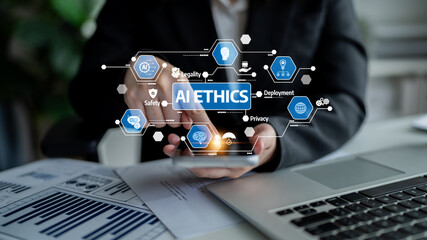 A business professional engages with AI ethics concepts through a digital interface, emphasizing the importance of safety, privacy, and equality in technology. Tessel