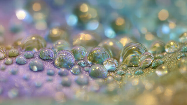 Close-up of shimmering water droplets on a textured surface, reflecting a beautiful array of soft, iridescent colors and defocused lights. - Powered by Adobe