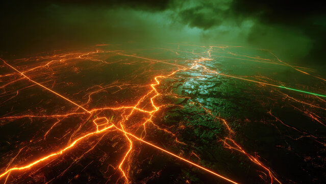 Futuristic, dark landscape with glowing orange energy lines and cracks across the terrain, illuminated under a dark green sky.