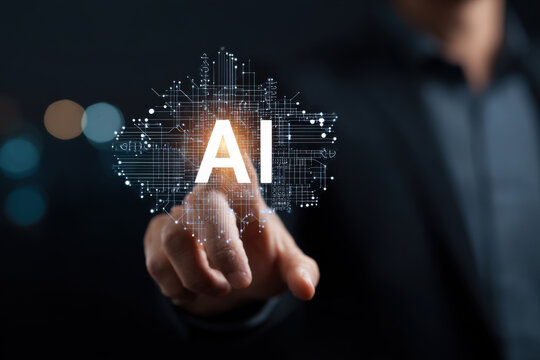 Artificial Intelligence in Human Hand. Person touching a glowing, futuristic digital interface with the letters "AI" (Artificial Intelligence).