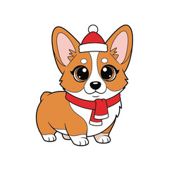 Cute cartoon corgi dog wearing a red Christmas hat and scarf, looking adorable.