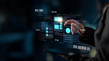 UI UX mockup showing application layout, structure, and code interface. UI design defines user flow, UI design improves clarity, UI design enhances experience, and UX design supports logic. Latch