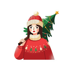 Illustration of a woman in a Christmas sweater carrying a Christmas tree.