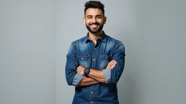 Young handsome business man dressed in casual denim shirt with smartwatch on wrist, isolated on gray background. Arabic style. Muslim businessman.

