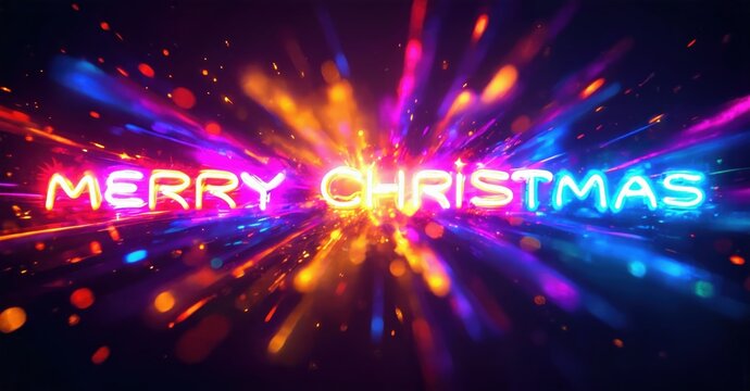 Bright neon text spells Merry Christmas. Vibrant colors radiate outward, creating festive explosion effect. Dark background enhances luminosity.