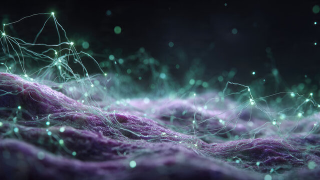 Microscopic view of cellular activity or brain synapses, with glowing green energy lines and nodes on a purple biological texture.