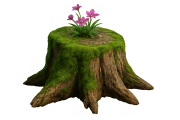Tree stump covered in green moss with pink flowers blooming, symbolizing new life, renewal, and growth on transparent background