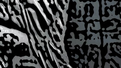 Abstract black-and-silver pattern with fluid, organic shapes and high contrast. Metallic texture and flowing lines create a modern, futuristic, and artistic background.