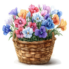Obraz premium A Freesia Flower Basket, watercolor illustration vector, isolated on a white background.