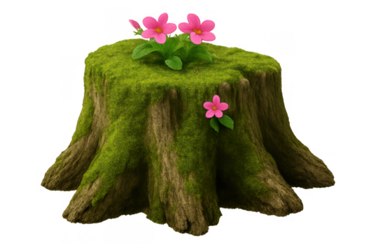 Tree stump covered in vibrant green moss, blooming with pink flowers, symbolizing growth, renewal, and nature's resilience - Powered by Adobe