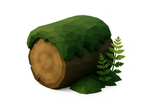 Low poly log with moss and fern creating game asset or nature scene element on transparent background