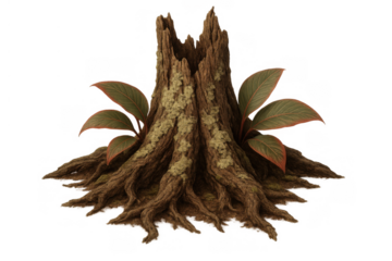 Tree stump with roots, moss, and green plants growing, representing nature, growth, and resilience on a transparent background