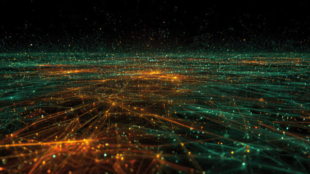 A mesmerizing digital landscape of interconnected lines and glowing dots, symbolizing vast data networks, technology, and futuristic urban connectivity.