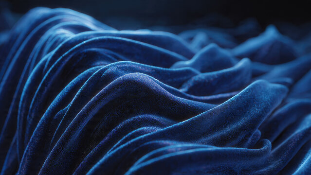 A luxurious abstract close-up of dark blue velvet fabric, featuring soft, undulating waves and shimmering textures under subtle lighting.