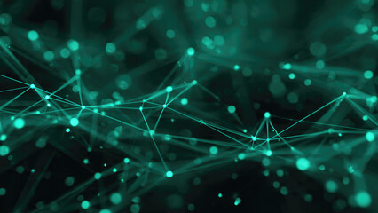 An abstract digital network featuring interconnected teal nodes and lines against a dark background, representing data connections and technology.