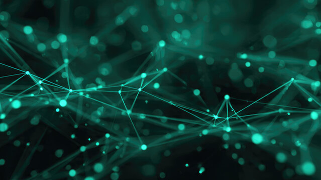 An abstract digital network featuring interconnected teal nodes and lines against a dark background, representing data connections and technology.
