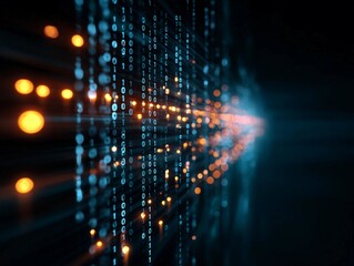 Digital data streams creating a vibrant visual representation of binary codes and light patterns in a dark background