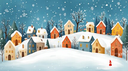 Fototapeta premium Colorful Winter Houses and Trees in a Snowy Landscape Under a Clear Sky