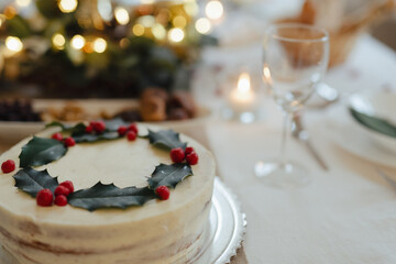 Christmas cake on christmas table.