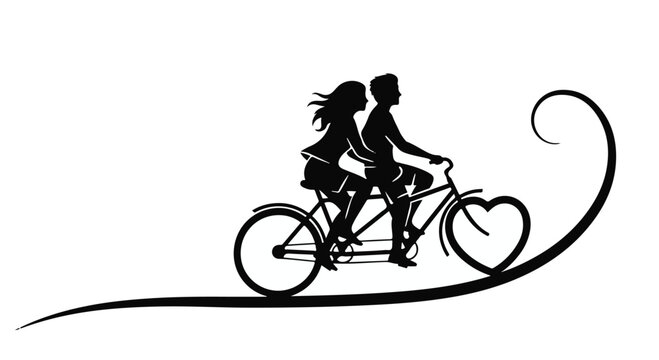 Joyful couple cycling together on a tandem bike, symbolizing shared adventures and romance.